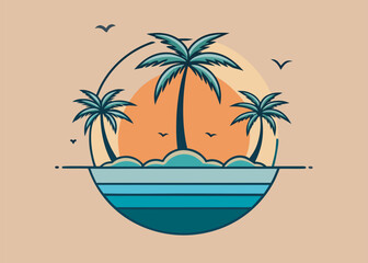 Retro circular tropical sunset emblem with palm trees and ocean horizon