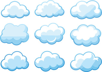 Fototapeta premium Cute cartoon cloud set with soft blue gradients, fluffy sky weather icons collection isolated on white background for design use