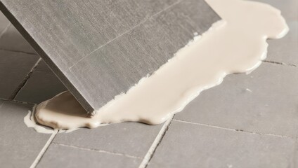 Close-up of a broken tile with spilled adhesive on a tiled floor.