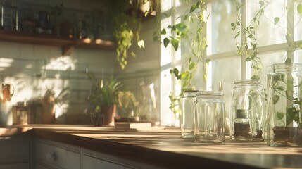 Sunlight shines on kitchen counter with plants and jars in a bright kitchen space