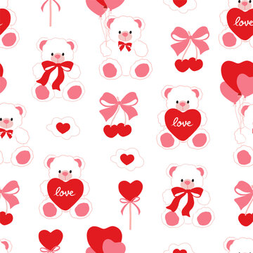 Valentine teddy bear seamless pattern with hearts, balloons, bows and cute love elements. Romantic repeating print for wrapping paper, fabric, backgrounds, wallpapers