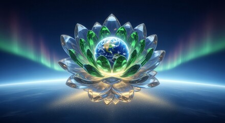 Abstract surreal Earth encased in blooming crystal petals against an interstellar aurora horizon. Ecological divine concept