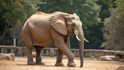 Large elephant walks on dirt path in zoological garden enclosure. Adult pachyderm has big ears, long trunk, and tusks. Green trees and rocks surround the animal.