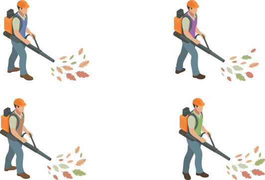 Isometric gardener using leaf blower cleaning autumn leaves, outdoor maintenance worker illustration for seasonal yard work and landscaping isolated on white background