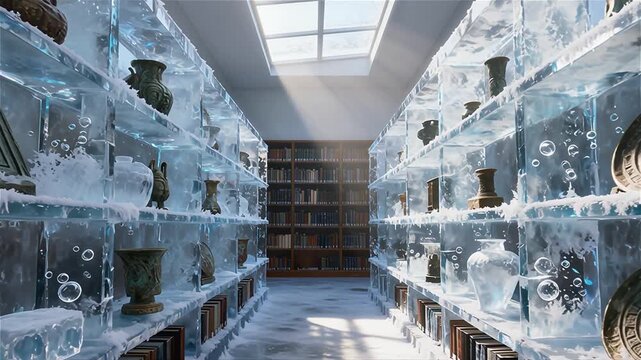 Biblioteca donde las estanterías están hechas de bloques de hielo transparente que contienen objetos antiguos congelados