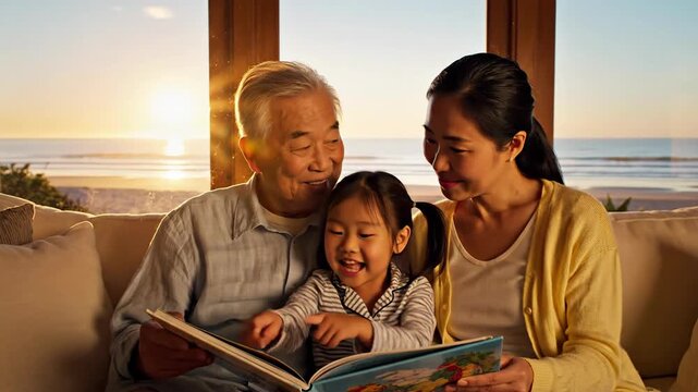 Loving three-generation Asian family reading a storybook together in a cozy living room with a beautiful ocean sunset view