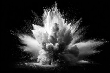 Explosive cloud of white substance bursts outwards, against a stark black backdrop, creating dynamic contrast