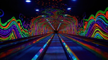 A vibrant, psychedelic tunnel illuminated with colorful lights, featuring swirling patterns along an escalator path.