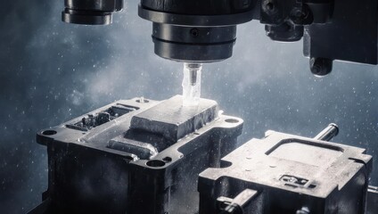 Close-up of a CNC milling machine precisely shaping a metal part in a manufacturing facility.
