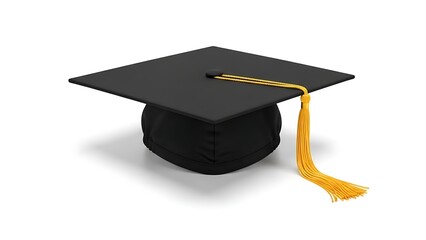 A black graduation cap with a yellow tassel on a white background