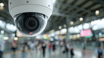 A security camera is prominently displayed, capturing the bustling activity of a station with blurred pedestrians in the background.