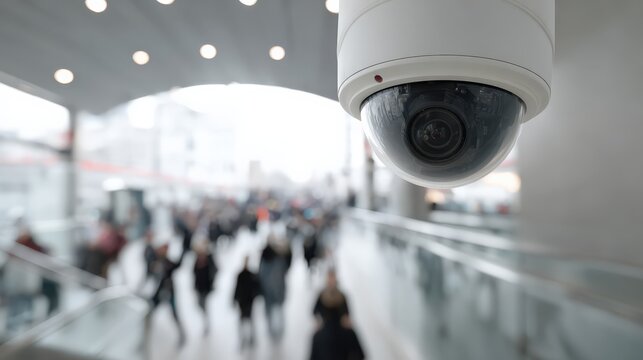 A security camera captures a busy urban scene with blurred pedestrians in the background, highlighting technology in a modern environment.