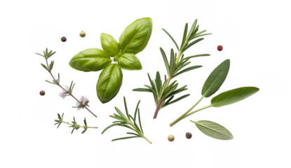 Fresh herbs and spices basil rosemary isolated on a transparent background