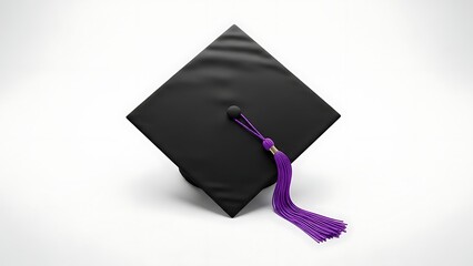 A black graduation cap with a purple tassel on a white background
