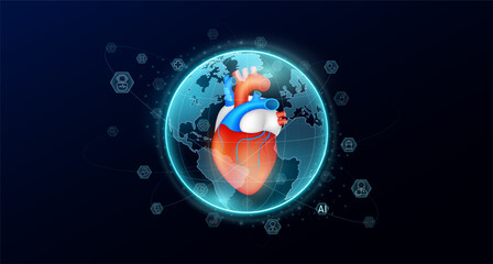 Human organ red heart in blue transparent globe. Medic science icons surrounded. Medical world future. Global there is increasing importance placed on health care. Vector.