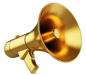 Golden megaphone with handle on black loudspeaker isolated on a transparent background