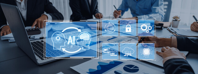 A dynamic business meeting showcasing AI technology on a laptop display, highlighting collaboration and innovation in a modern corporate environment. Trope