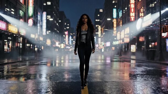 A powerful woman confidently walks down the middle of a rain-slicked city street at night, illuminated by dramatic spotlights and vibrant neon signs
