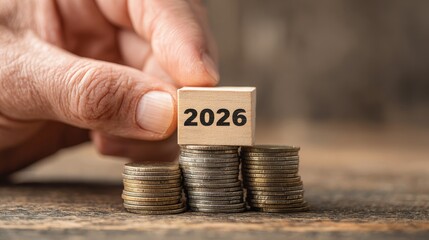 A man's hand placing a wooden block with the text "2026" on a stack of coins, symbolizing business finance, future planning, and financial goals for the New Year or year-end resolutions.