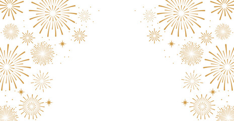 Elegant gold fireworks burst and sparkling stars on clean white background, festive celebration illustration for New Year, holiday party, greeting card, luxury event design, minimalist style vector.