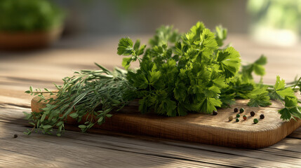 Fresh herbs on wooden cutting board