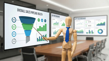 Wooden mannequin presenting sales pipeline performance on screen in modern office with CRM and KPI dashboard