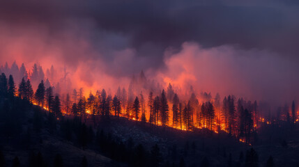 Forest wildfire burning at night