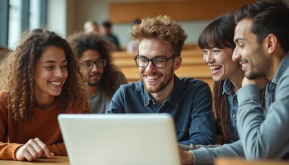 Four young diverse students laugh while looking at laptop screen in university lecture hall. Friends collaborate on academic project with modern tech during class time. Education and learning.