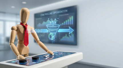 Crm sales pipeline performance concept with wooden mannequin controlling digital interface showing business growth and funnel optimization in modern office environment