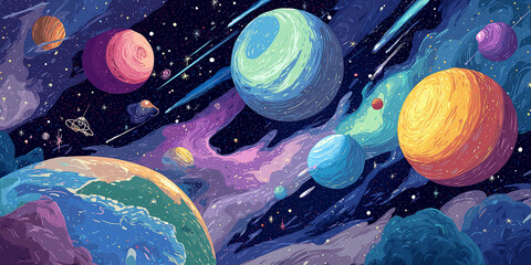 Colorful Illustration of Earth and Planets in Outer Space with Shooting Stars