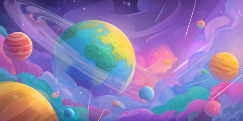 Bright Illustration of Earth and Colorful Planets in a Fantasy Outer Space