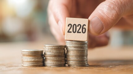 A man's hand placing a wooden block with the text "2026" on a stack of coins, symbolizing business finance, future planning, and financial goals for the New Year or year-end resolutions.