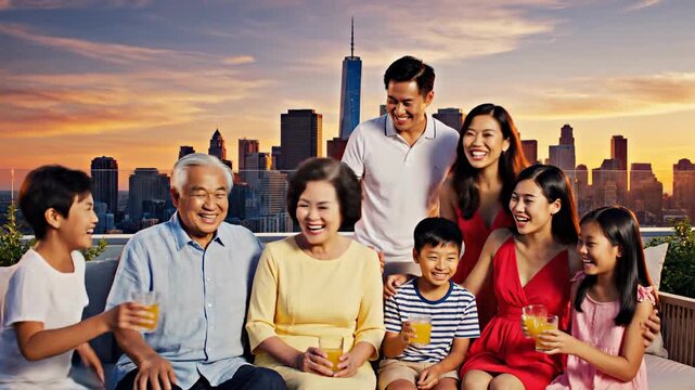 Joyful multi-generational Asian family bonding on a modern city rooftop at sunset, sharing happy moments and refreshing drinks with a vibrant urban skyline backdrop