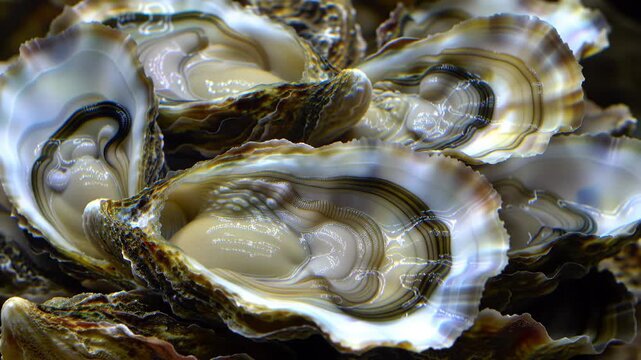 Close-up of opened oysters, showing raw seafood texture, for gourmet food advertising
