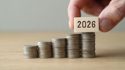 A man's hand placing a wooden block with the text "2026" on a stack of coins, symbolizing business finance, future planning, and financial goals for the New Year or year-end resolutions.