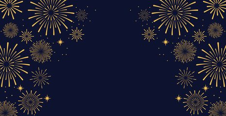 Elegant gold fireworks burst and sparkling stars on clean blue background, festive celebration illustration for New Year, holiday party, greeting card, luxury event design, minimalist style vector. © bibin