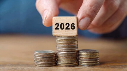 A man's hand placing a wooden block with the text "2026" on a stack of coins, symbolizing business finance, future planning, and financial goals for the New Year or year-end resolutions.