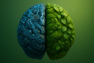 Brain split between technology and nature with circuit and leafy sides