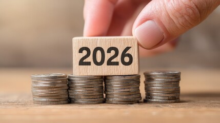A man's hand placing a wooden block with the text "2026" on a stack of coins, symbolizing business finance, future planning, and financial goals for the New Year or year-end resolutions.