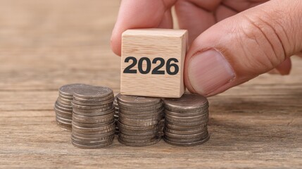 A man's hand placing a wooden block with the text "2026" on a stack of coins, symbolizing business finance, future planning, and financial goals for the New Year or year-end resolutions.