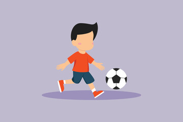 Little boy is having fun playing with a football. Children playing toys Concept. Colored flat vector illustration isolated