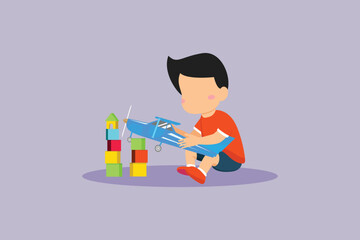 Little boy is having fun playing with a plane. Children playing toys Concept. Colored flat vector illustration isolated