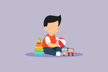 Little boy is busy playing with a toy airplane. Children playing toys Concept. Colored flat vector illustration isolated