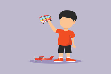 Little boy is having fun playing with a toy car. Children playing toys Concept. Colored flat vector illustration isolated
