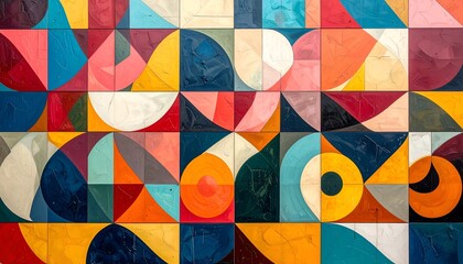 Colorful geometric pattern of tiled squares with diverse shapes and vibrant hues