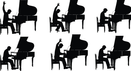 Grand piano pianist silhouettes set showing musicians performing classical music concert expressive piano playing poses illustration collection stage art performance © Sharon Creatives