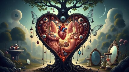 Surreal heart tree with internal organs and eyes in dreamlike landscape