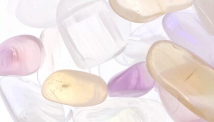 白背景に透き通る淡い宝石とクリスタルの輝き女性向けおしゃれテクスチャ背景