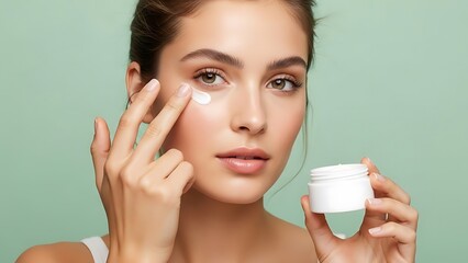 Woman applying cream near eye skincare beauty product cosmetic