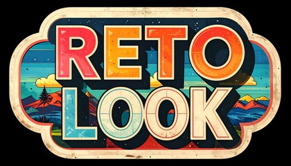 Colorful, retro-style graphic with the text "RETO LOOK" inside a stylized landscape
